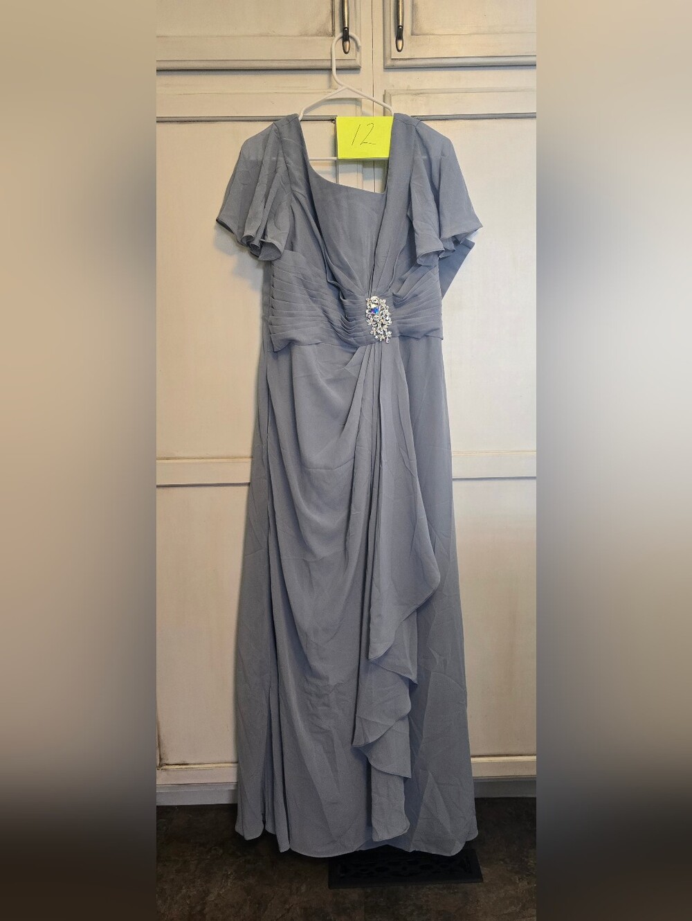 Elegant Light Blue Draped Evening Dress with Embellished Waist
